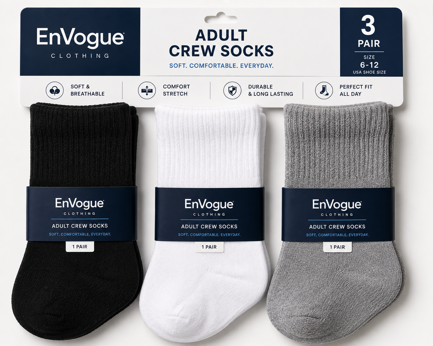 Adult Crew Socks – 3 Pair wholesale Adult product by EnVogue Clothing
