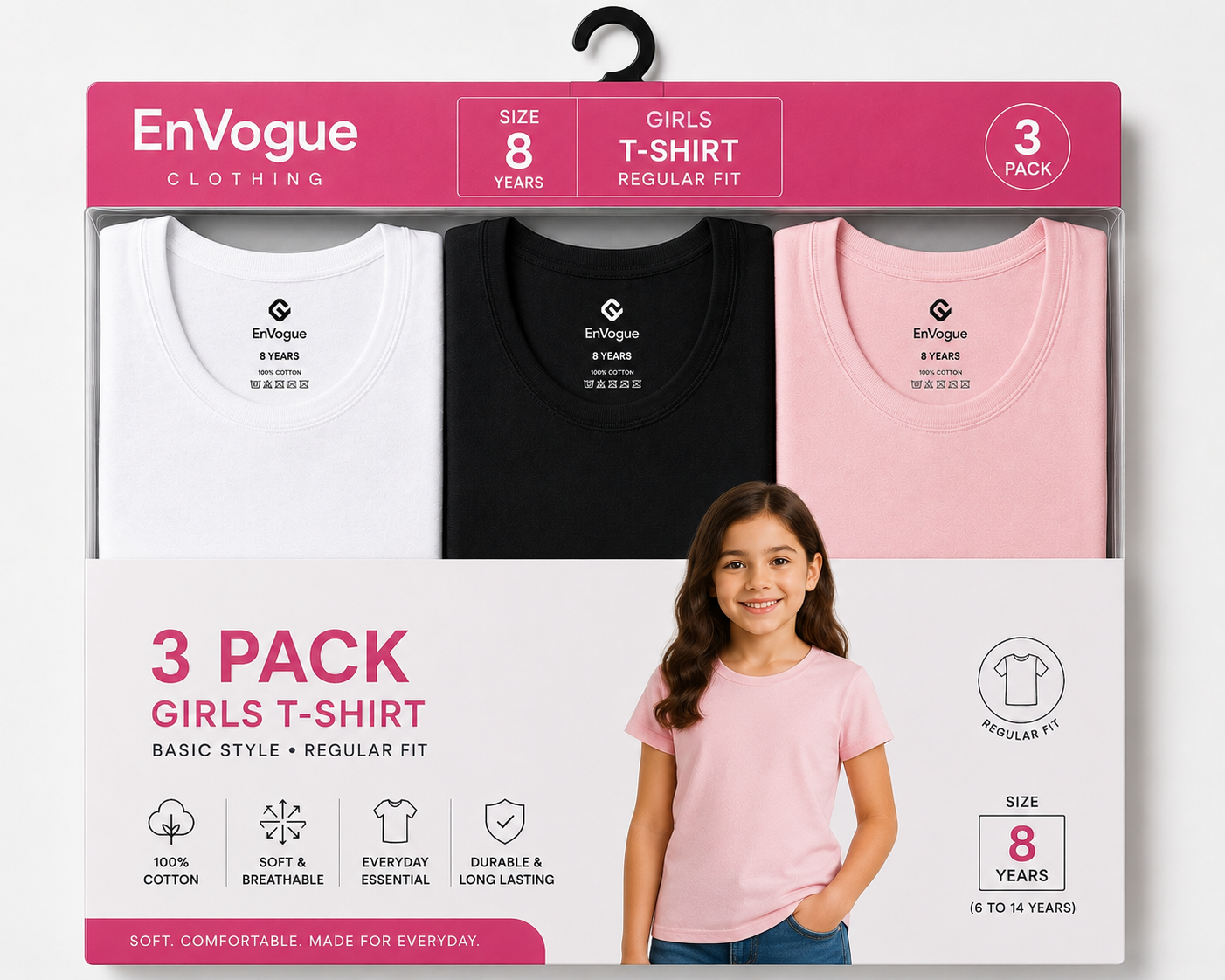 Girls Basic T-Shirt – 3 Pack wholesale Girls product by EnVogue Clothing