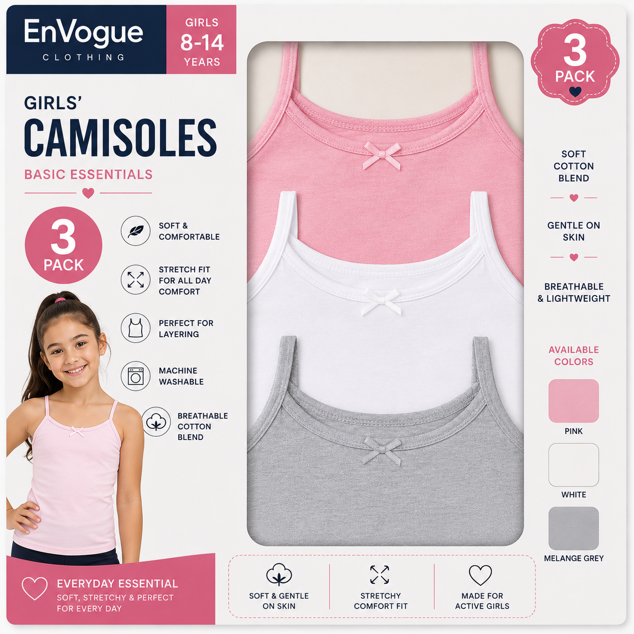 Girls Camisoles – 3 Pack wholesale Girls product by EnVogue Clothing