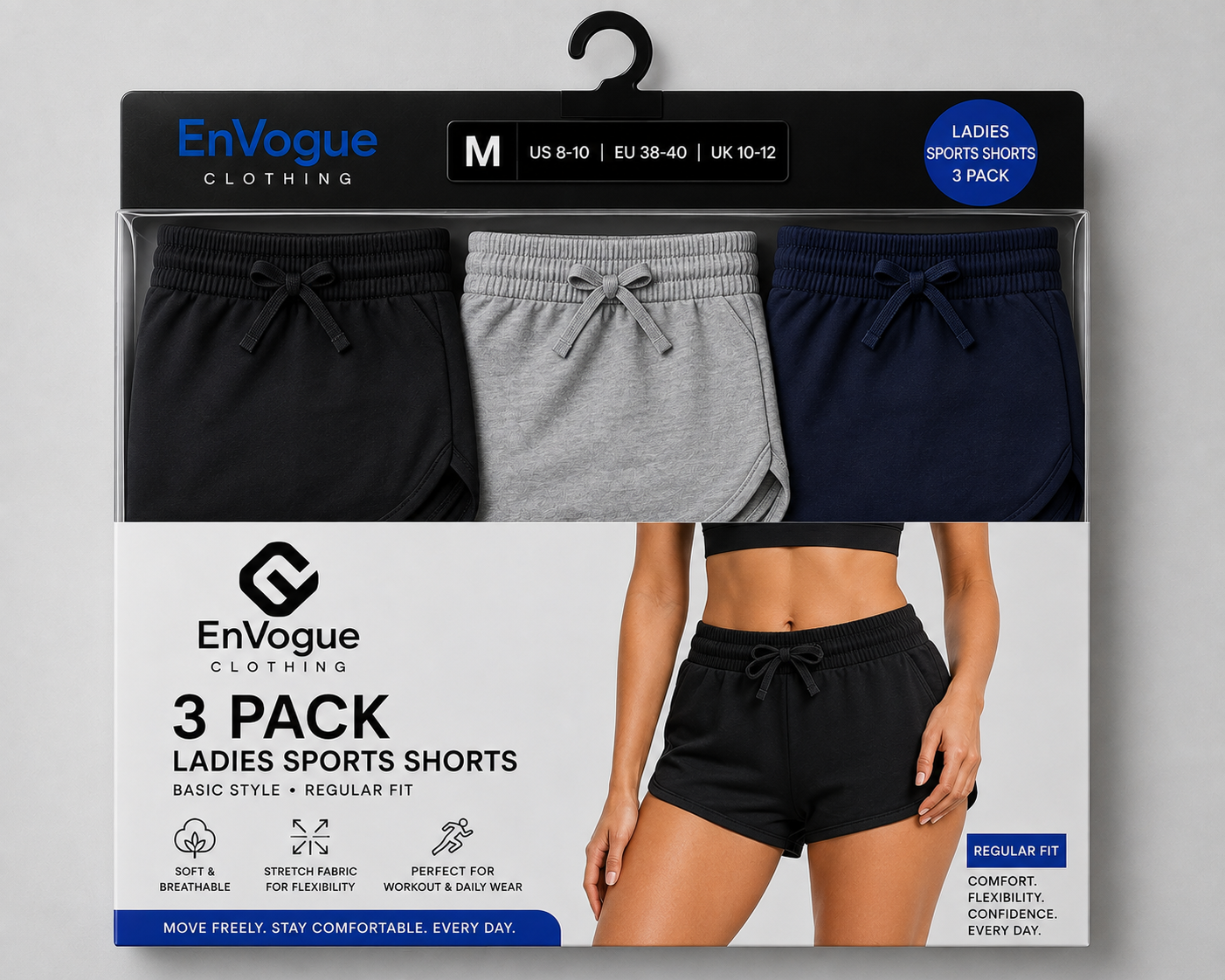 Ladies Sports Shorts – 3 Pack wholesale product image by EnVogue Clothing